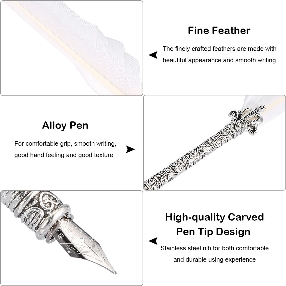 Flag Village European Retro Quill Alloy Feather Writing with Pen Nibs&Gift Box Set With Ink Bottle White