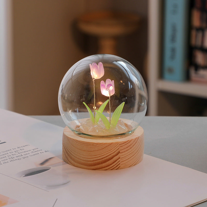 Flag Village Artificial Tulip Flower Night Light Ornaments Handmade DIY Bedside Lamp LED Night Lamp Bedroom Decor Birthday Gifts Table Lamp