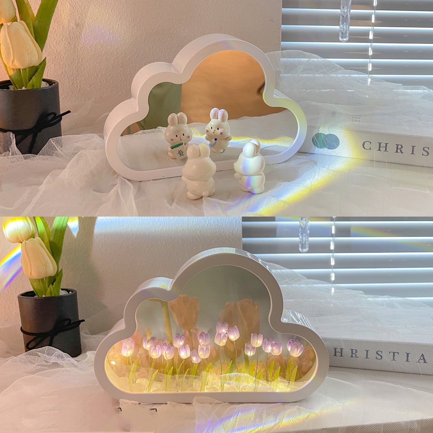 Flag Village Tulip Night Lamp DIY Material Cloud Tulips Night Lamp Decorative Mirrors Photo Frame LED Table Lights Korean Creative Desk Bedroom Handmade Birthday Gifts