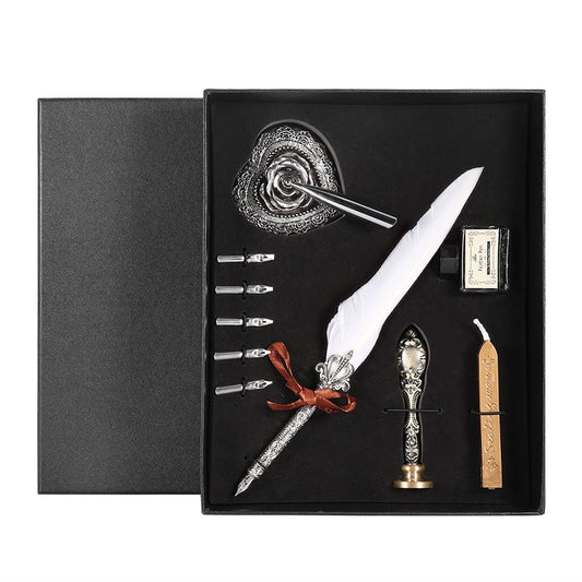 Flag Village European Retro Quill Alloy Feather Writing with Pen Nibs&Gift Box Set With Ink Bottle White