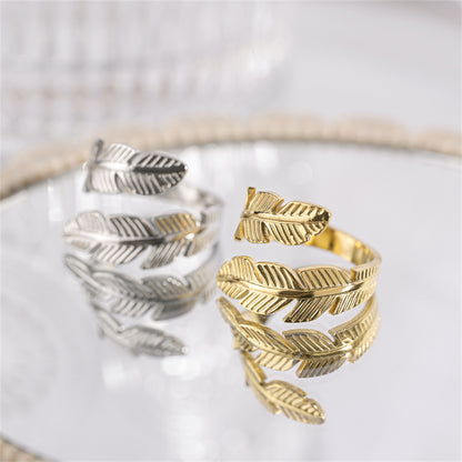 Gift & Souvenir Feather Ring Open Titanium Steel Ring Gold And Silver Color Opening Rings Creative Simple Feather Handmade Party Jewelry Gifts
