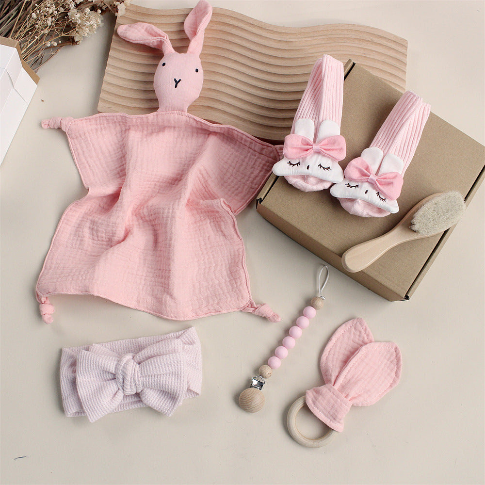 Flag Village Baby Rabbit Lion Appeasing Towel Socks Saliva Towel Wash Gift Box Newborn Bite Ring Hair Band Set