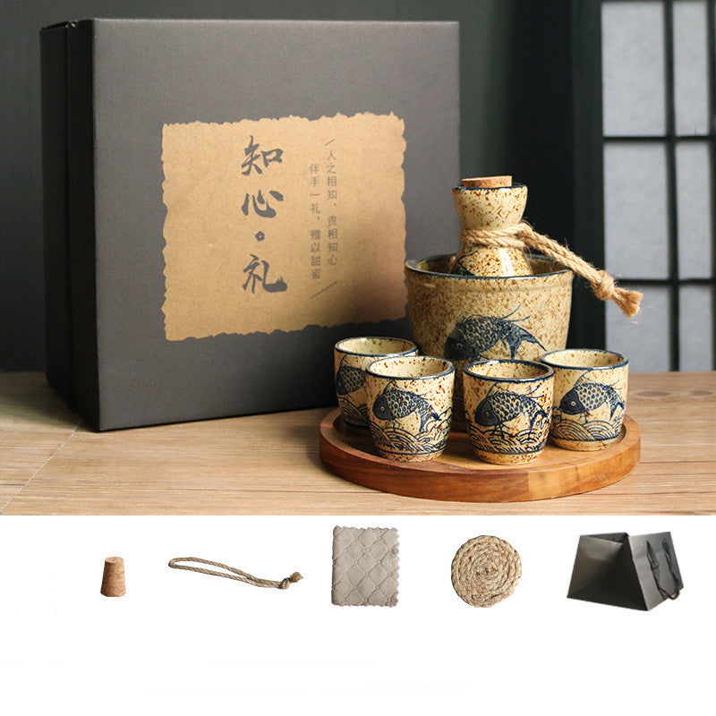 Flag Village Japanese Retro Sake Wine Warmer Gift Box Set Hot Wine Shochu Pot Ceramic Wine Cup White Wine Household Wine Glass