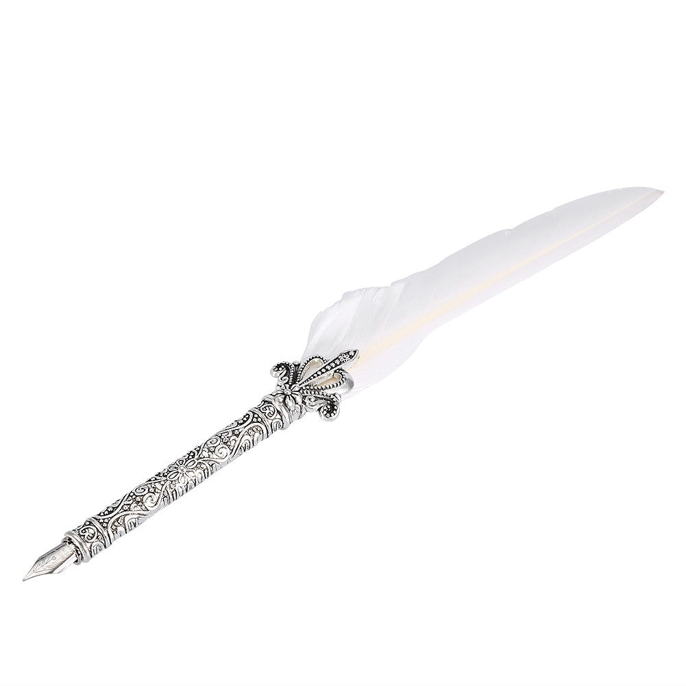 Flag Village European Retro Quill Alloy Feather Writing with Pen Nibs&Gift Box Set With Ink Bottle White