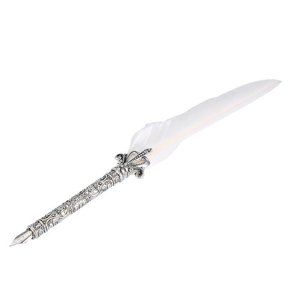 Flag Village European Retro Quill Alloy Feather Writing with Pen Nibs&Gift Box Set With Ink Bottle White