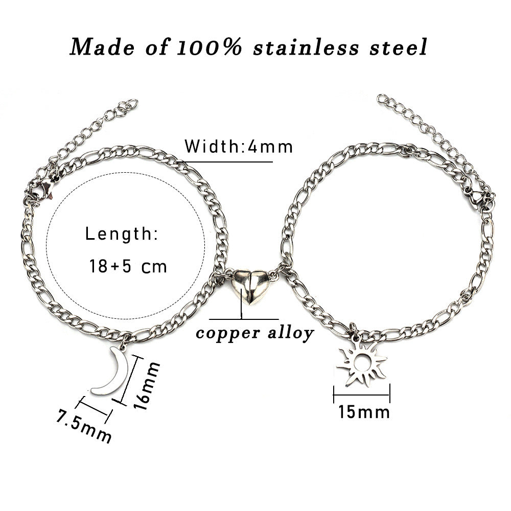 Flag Village 2Pcs Sun Moon Charm Magnet Attraction Stainless Steel Bracelets For Couples Men Women Jewelry Wholesale Valentine's Day Gifts