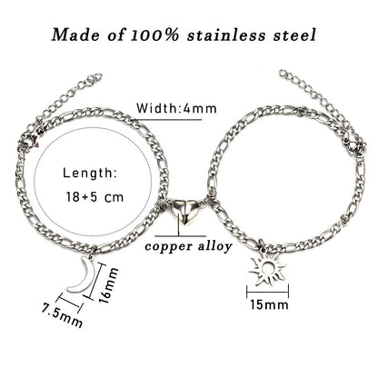 Flag Village 2Pcs Sun Moon Charm Magnet Attraction Stainless Steel Bracelets For Couples Men Women Jewelry Wholesale Valentine's Day Gifts