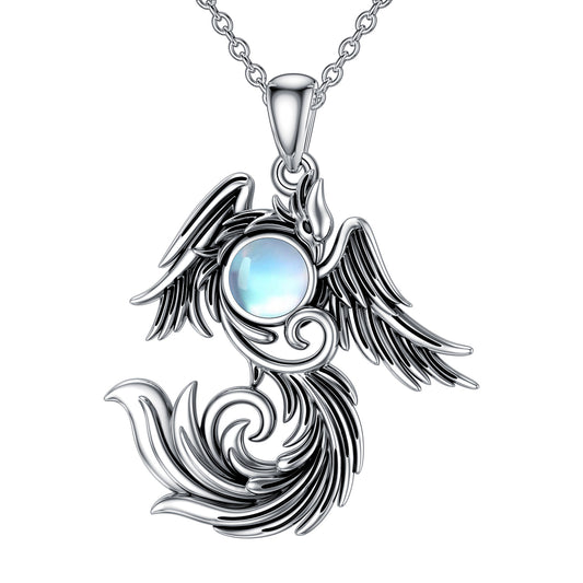 Flag Village Moonstone Phoenix Necklace 925 Sterling Silver as Gifts for Women and Men