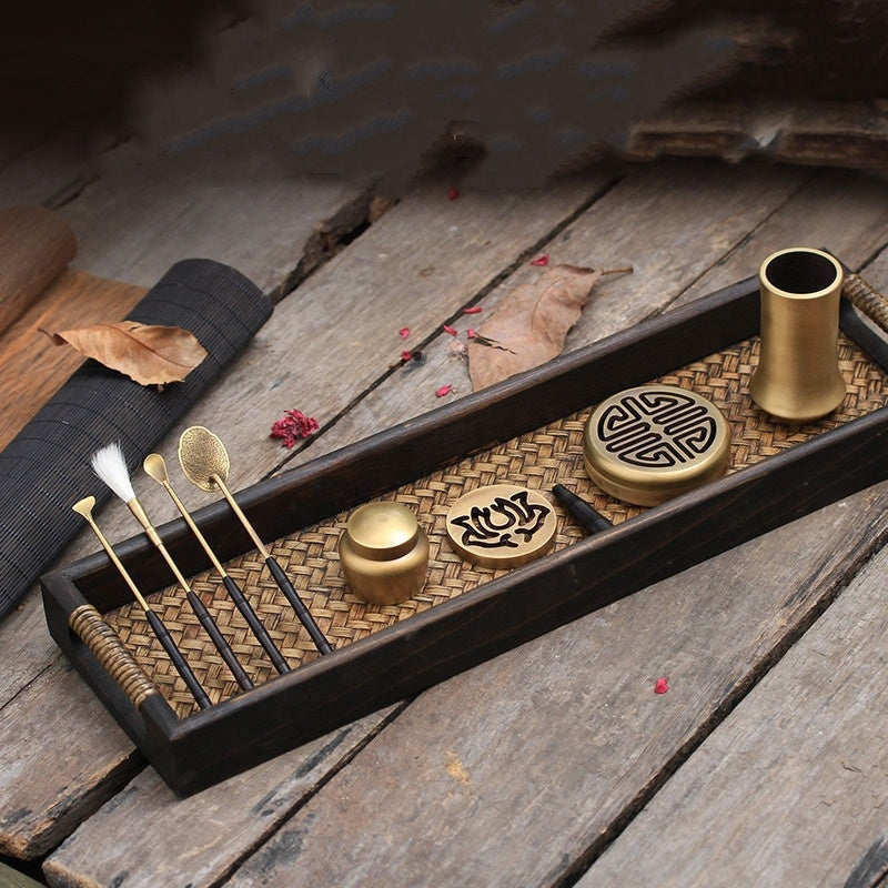 Flag Village Solid Wood Incense Road Set Agarwood Tools Pure Copper Incense Burner Gift Box