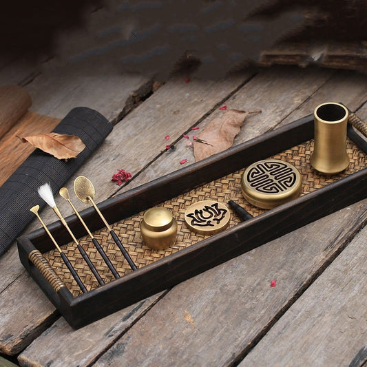 Flag Village Solid Wood Incense Road Set Agarwood Tools Pure Copper Incense Burner Gift Box