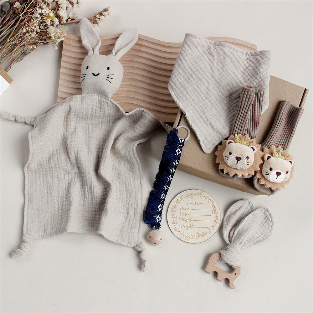 Flag Village Baby Rabbit Lion Appeasing Towel Socks Saliva Towel Wash Gift Box Newborn Bite Ring Hair Band Set