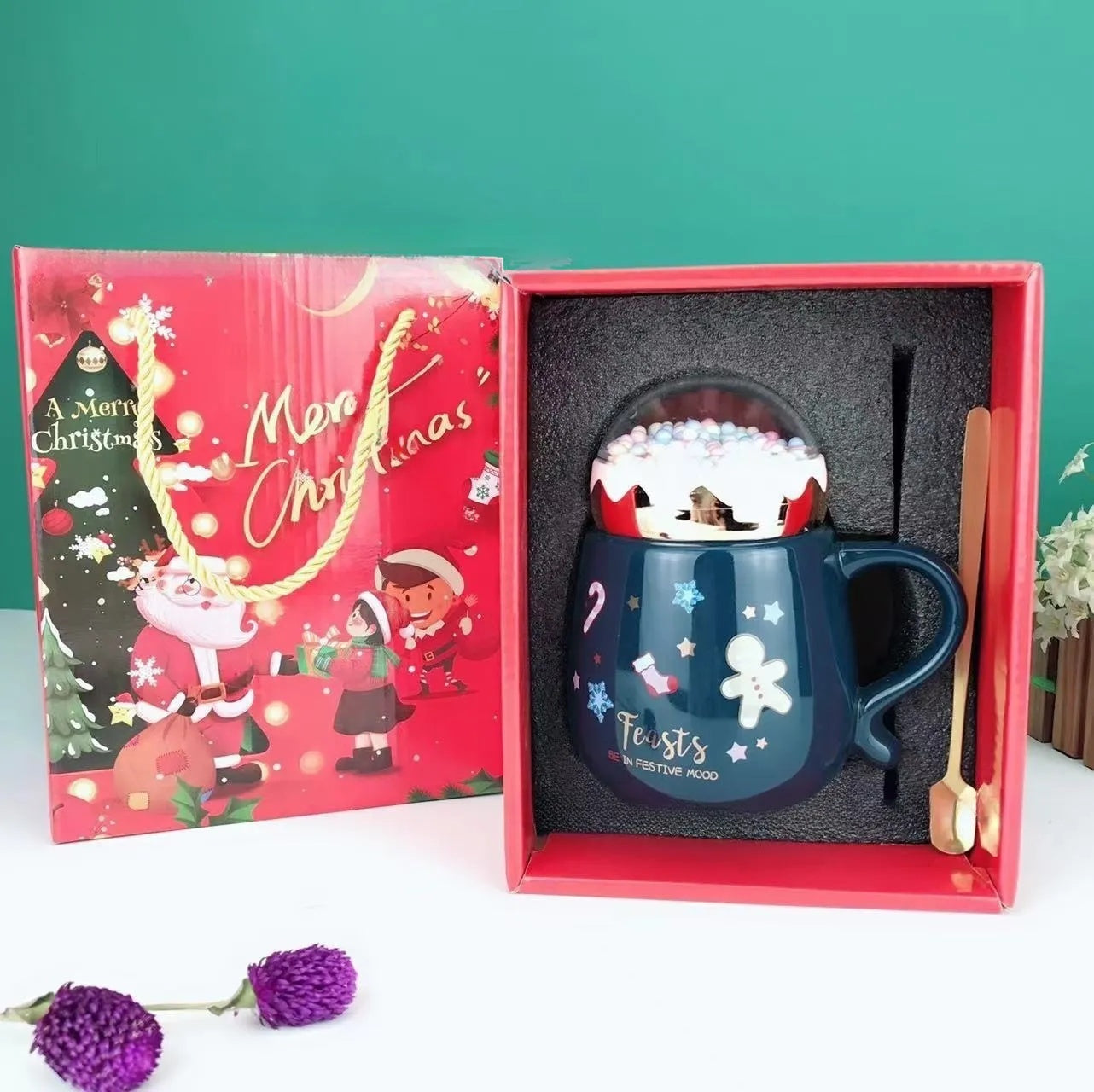 Flag Village Christmas Mugs Set With Lid And Spoon Xmas Gift Box Set Ceramic Cartoon Couples Santa Claus Milk Cocoa Cup For Home Office