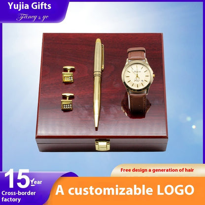 Flag Village High-end Teacher's Day Gift Three-set Box Simple Metal Ball Point Pen Cufflinks Fashion Business Men's Suit
