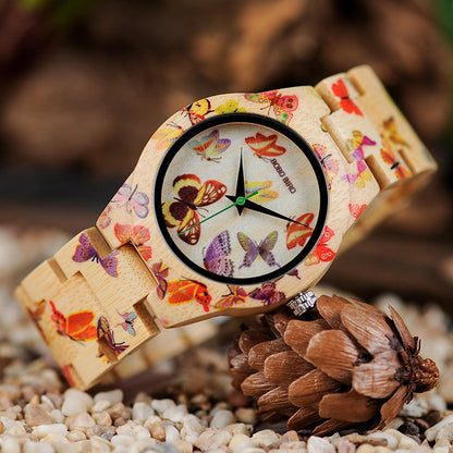 Flag Village BOBO BIRD O20 Butterfly Print Women Watches All Bamboo Made Quartz Wristwatch for Ladies in Wooden Gift Box
