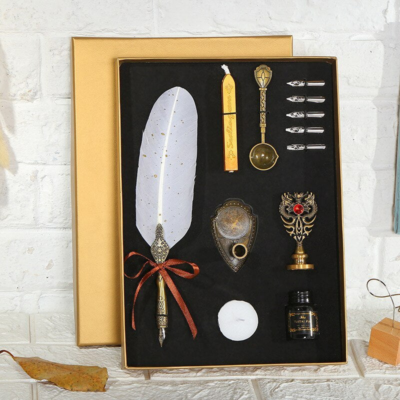 Flag Village European Retro Creative Feather Dip Pen Gift Box Set