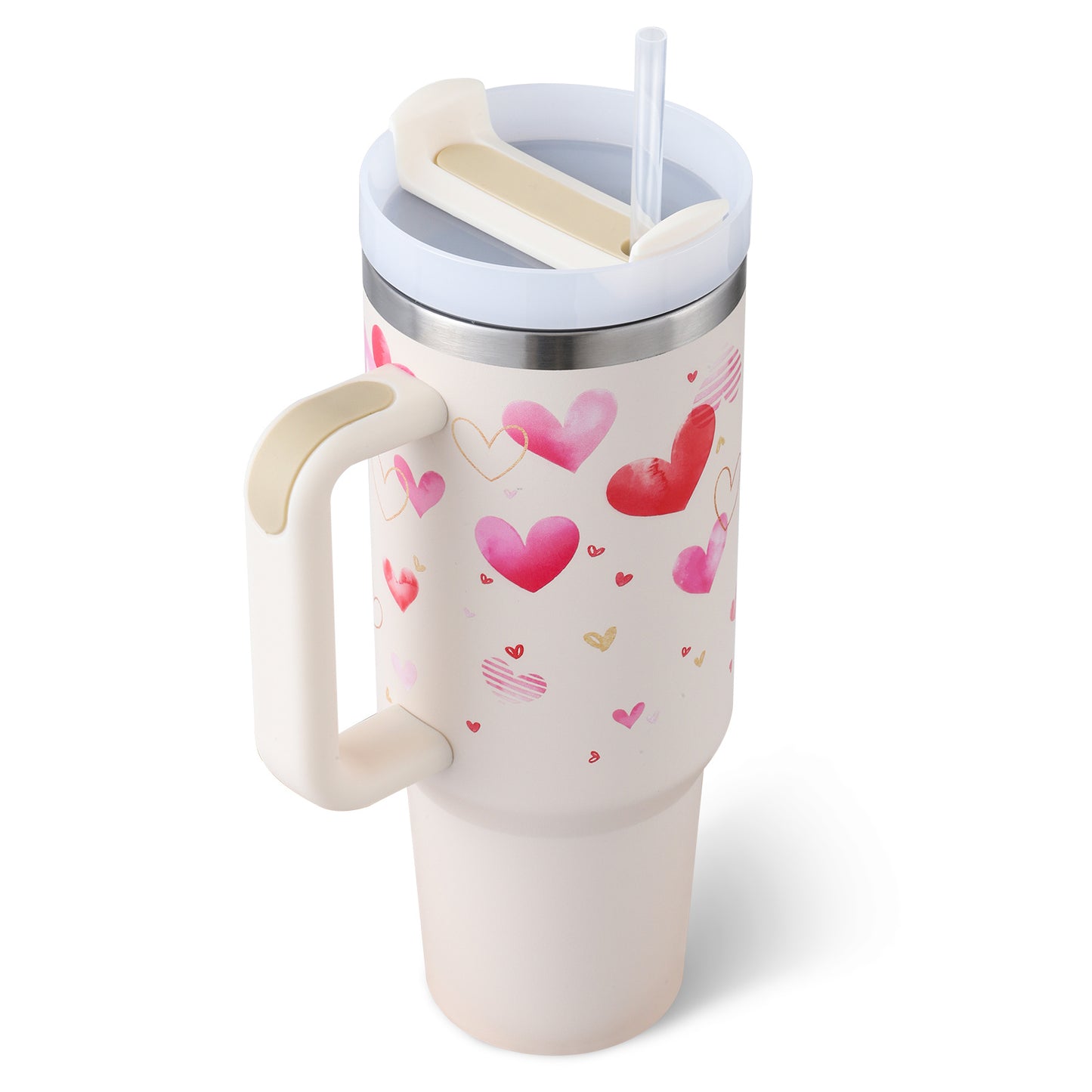 Flag Village 40 Oz Tumbler With Handle Straw Insulated, Stainless Steel Spill Proof Vacuum Coffee Cup Tumbler With Lid Tapered Mug Gifts For Valentine Lover Suitable For Car Gym Office Travel
