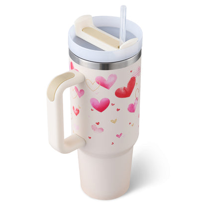 Flag Village 40 Oz Tumbler With Handle Straw Insulated, Stainless Steel Spill Proof Vacuum Coffee Cup Tumbler With Lid Tapered Mug Gifts For Valentine Lover Suitable For Car Gym Office Travel