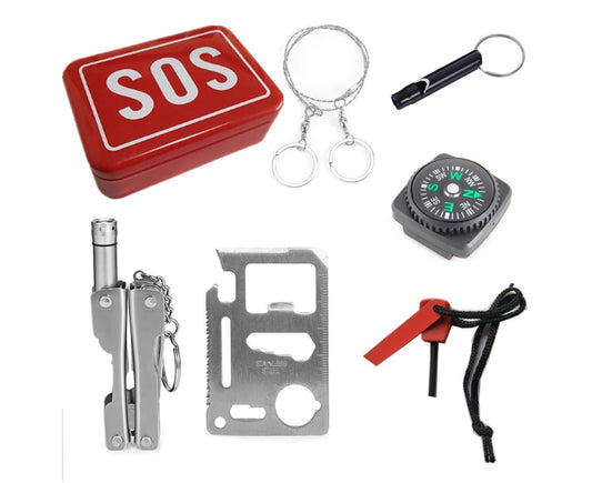 Flag Village Outdoor SOS box emergency box small iron box camping multi-purpose tool emergency equipment set