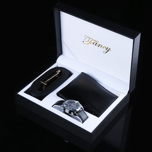 Flag Village Fashion Men's Quartz Wrist Watch Clock Belt Wallet Gift Box Three-piece Set