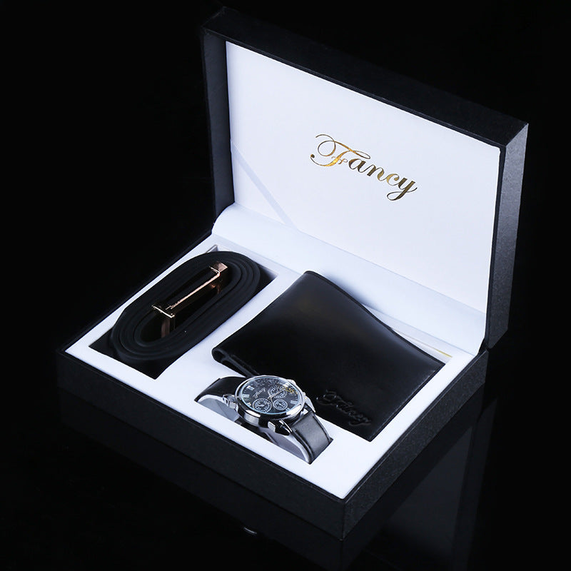 Flag Village Fashion Men's Quartz Wrist Watch Clock Belt Wallet Gift Box Three-piece Set