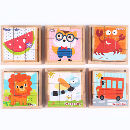 Flag Village High-grade Six-face Picture Wooden Jigsaw 3D Puzzle Toys Children's Early Educational Toy Cube Jigsaw Puzzle Baby Kids Gifts