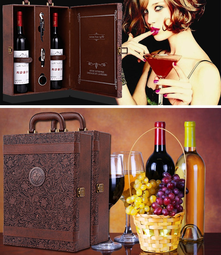 Flag Village Creative Wine Box Leather Gift Box Handmade Home Kitchen Bar Accessories Decor Lafite Wine Holder Wine Packaging Box Friend Gift