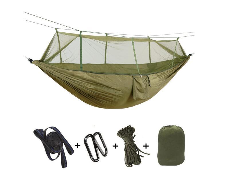 Flag Village Outdoor Parachute Cloth Hammock Couble with Mosquito Net Light Portable Army Green Insect-proof Camping Aerial Tent