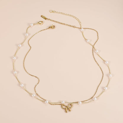 Flag Village Simple Pearl Double Layer Choker Fashion Gold Color Necklaces Chain Small Bow Pendant Necklace Jewelry Gifts For Women Fashion Jewelry Valentine's Day Gifts