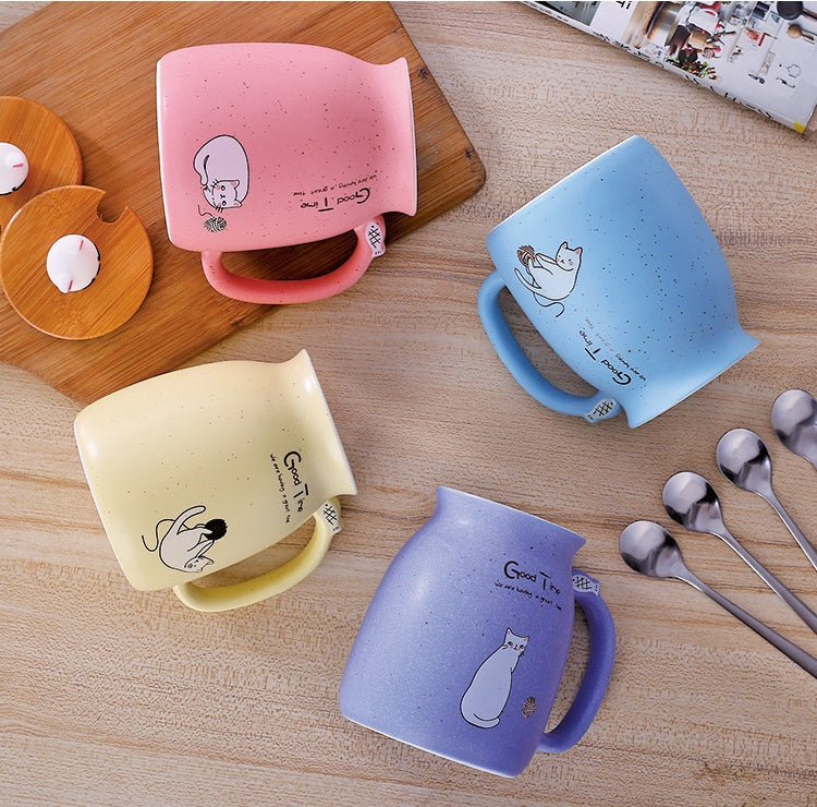 Flag Village 450ml Cartoon Ceramics Cat Mug With Lid and Spoon Coffee Milk Tea Mugs Breakfast Cup Drinkware Novelty Gifts