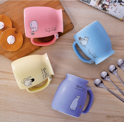 Flag Village 450ml Cartoon Ceramics Cat Mug With Lid and Spoon Coffee Milk Tea Mugs Breakfast Cup Drinkware Novelty Gifts