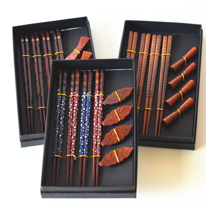 Flag Village Wooden Chopsticks 4 Pairs Of Chopsticks Chopstick Holder Combination Gift Box Set