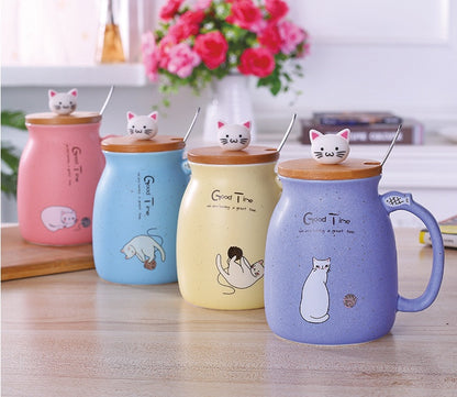Flag Village 450ml Cartoon Ceramics Cat Mug With Lid and Spoon Coffee Milk Tea Mugs Breakfast Cup Drinkware Novelty Gifts
