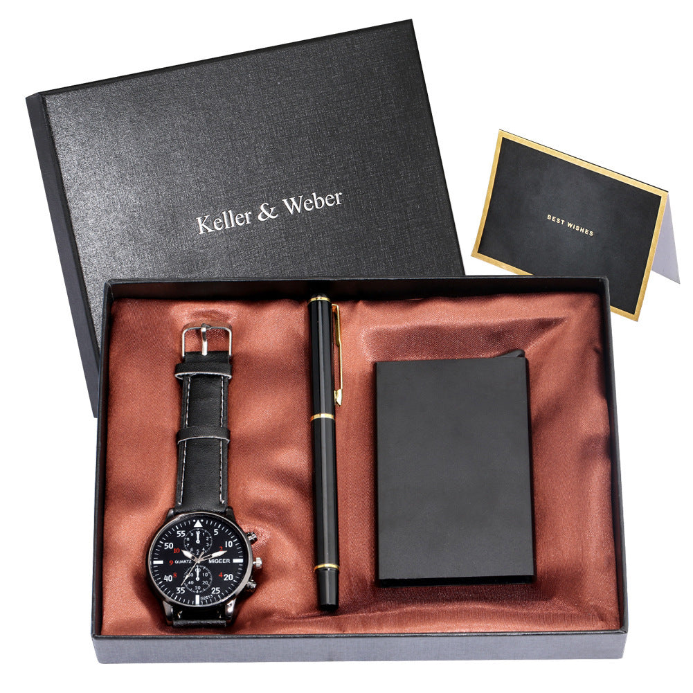 Flag Village Men's Quartz Watch Credit Card Case Gel Pen Set Fashion Gift Set Box