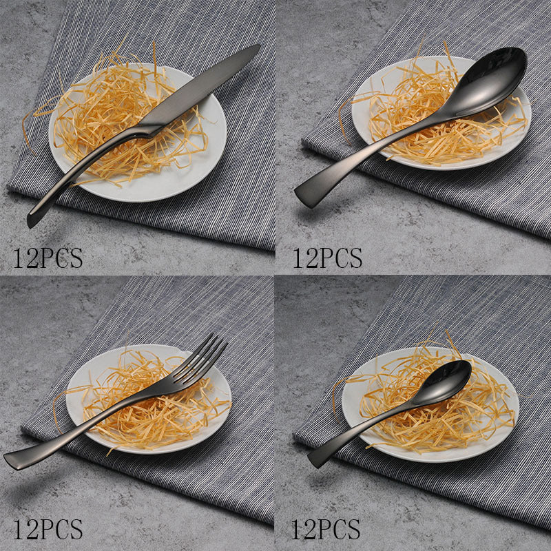 Flag Village 4PCS Set Black Stainless Steel Cutlery Korean Dinnerware Set Gifts Mirror Polishing Silverware Sets Scoop Knife and Fork Sets