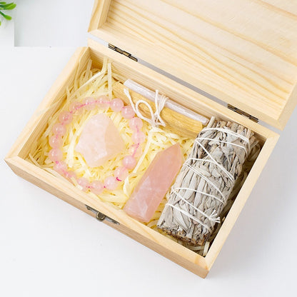 Flag Village Natural Crystal Amethyst Wooden Box Set Gift Box