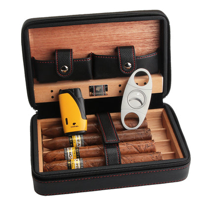 Flag Village Travel Humidor - Best Portable Leather Travel Cigar Humidifier Gift Box
