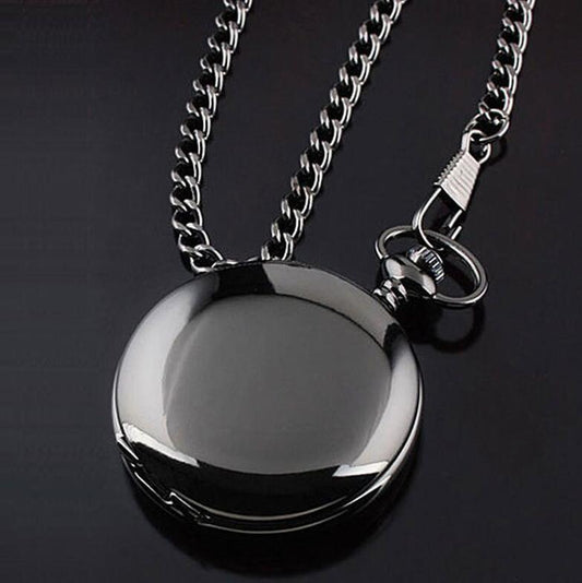 Flag Village retro black fashion silver smooth steampunk quartz pocket watch stainless steel chain necklace 30 cm for men for women with gift box
