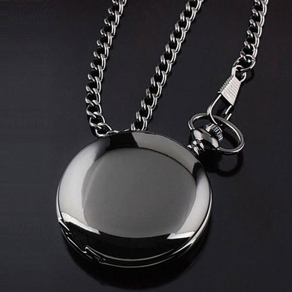 Flag Village retro black fashion silver smooth steampunk quartz pocket watch stainless steel chain necklace 30 cm for men for women with gift box
