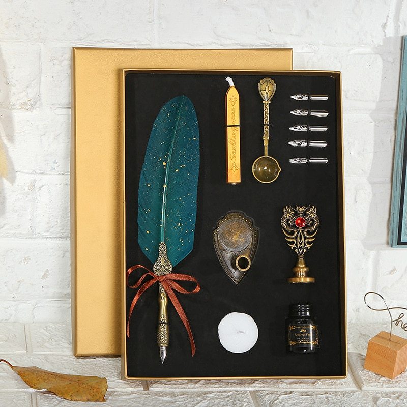 Flag Village European Retro Creative Feather Dip Pen Gift Box Set