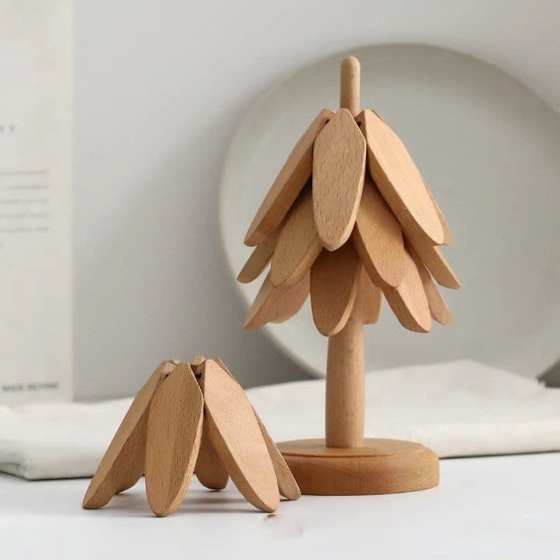 Flag Village Wooden Christmas Tree Folding Coaster Black Walnut Thick Seat Adiabatic Pad For Kitchen Desktop Decoration Housewarming Gift