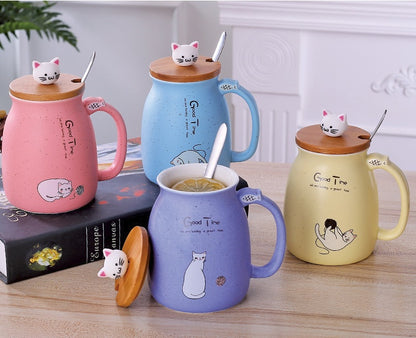 Flag Village 450ml Cartoon Ceramics Cat Mug With Lid and Spoon Coffee Milk Tea Mugs Breakfast Cup Drinkware Novelty Gifts