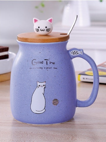 Flag Village 450ml Cartoon Ceramics Cat Mug With Lid and Spoon Coffee Milk Tea Mugs Breakfast Cup Drinkware Novelty Gifts
