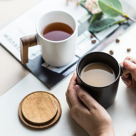 Flag Village Creative Office Nordic Mug Wooden Handle With Lid Couple Water Cup Gift Box Set Retro Ceramic Mug