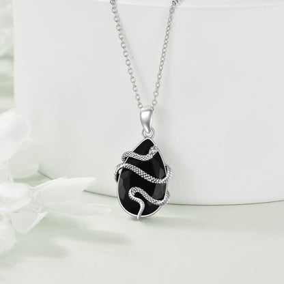 Flag Village Sterling Silver Black Obsidian Tourmaline Crystal Snake Necklace Jewelry as Gifts