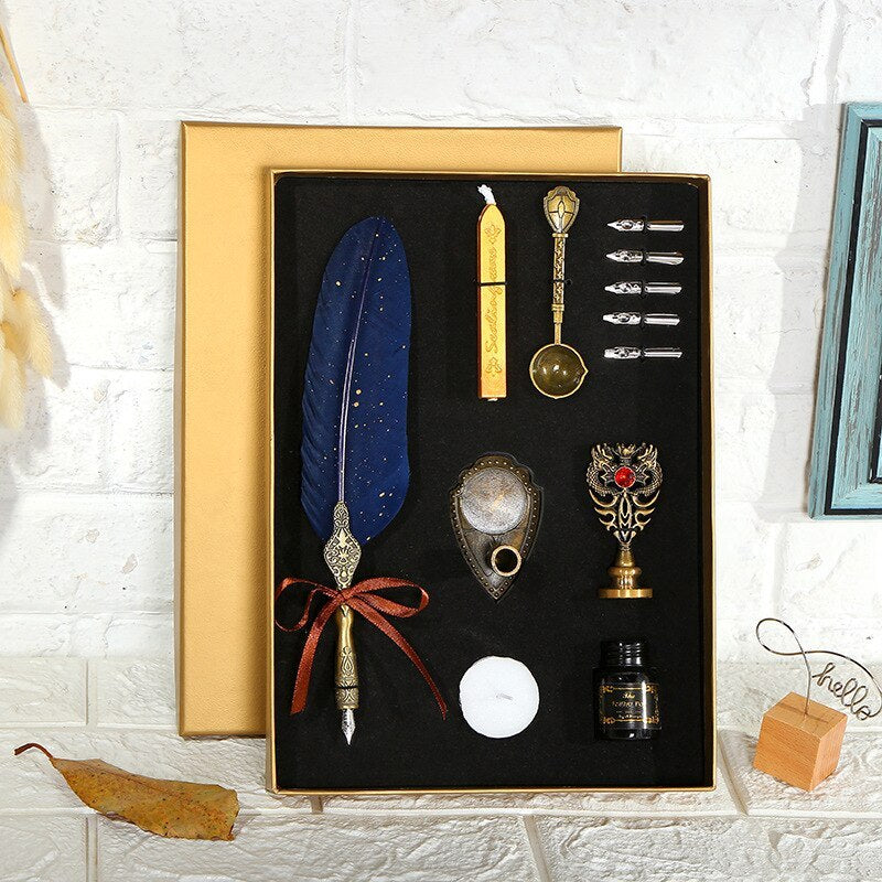 Flag Village European Retro Creative Feather Dip Pen Gift Box Set