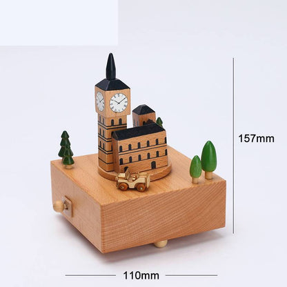 Flag Village Wooden building model music box birthday gift