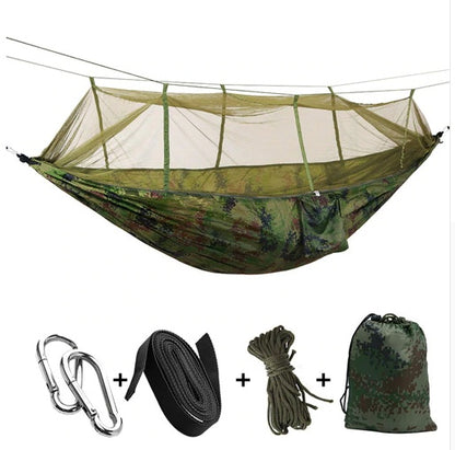 Flag Village Outdoor Parachute Cloth Hammock Couble with Mosquito Net Light Portable Army Green Insect-proof Camping Aerial Tent
