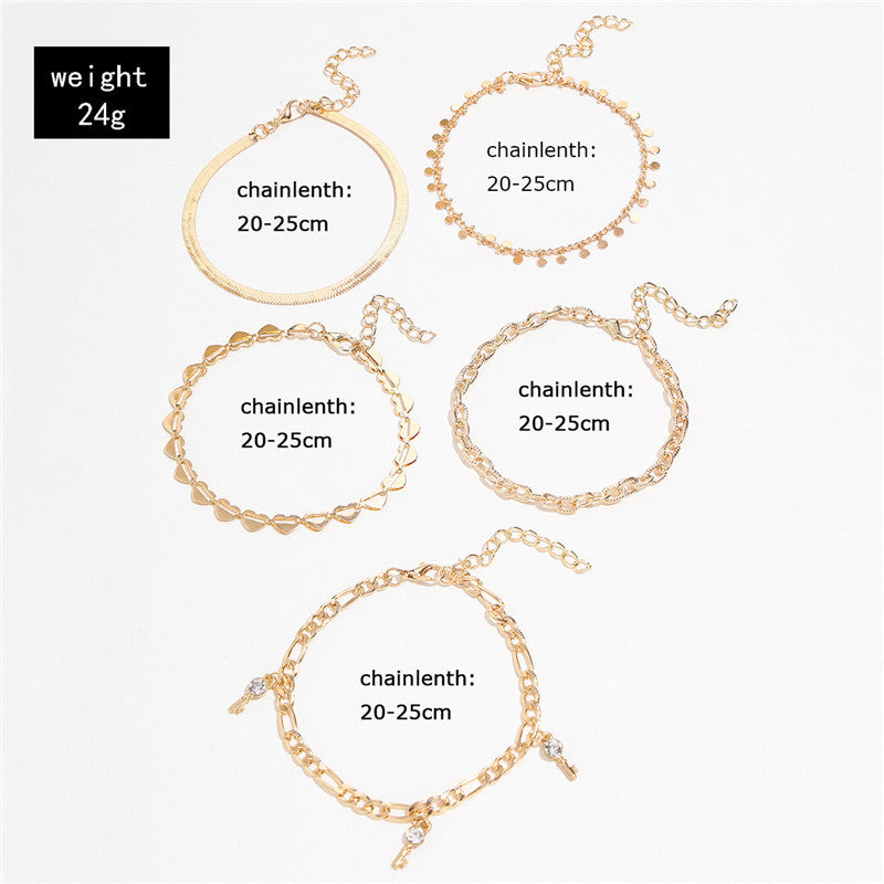 Flag Village 5 Pcs Women Fashion Gold Color Heart Crystal Key Anklets For Women Trendy Snake Chain Anklets For Women Foot Jewelry Gifts