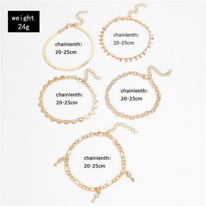 Flag Village 5 Pcs Women Fashion Gold Color Heart Crystal Key Anklets For Women Trendy Snake Chain Anklets For Women Foot Jewelry Gifts