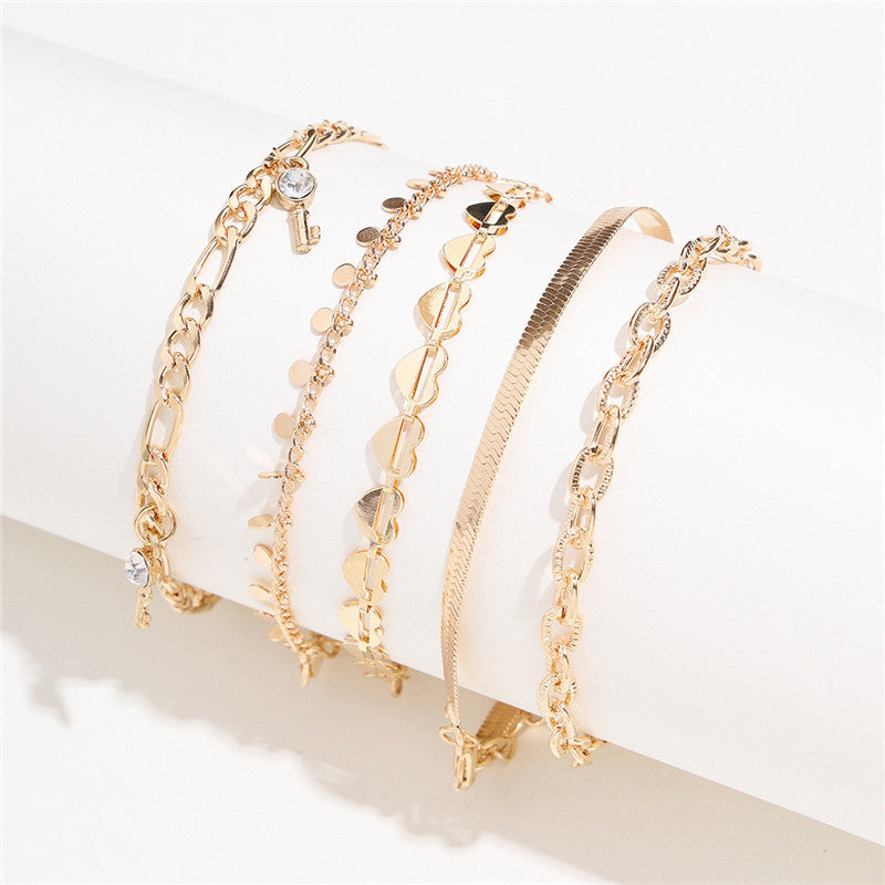 Flag Village 5 Pcs Women Fashion Gold Color Heart Crystal Key Anklets For Women Trendy Snake Chain Anklets For Women Foot Jewelry Gifts